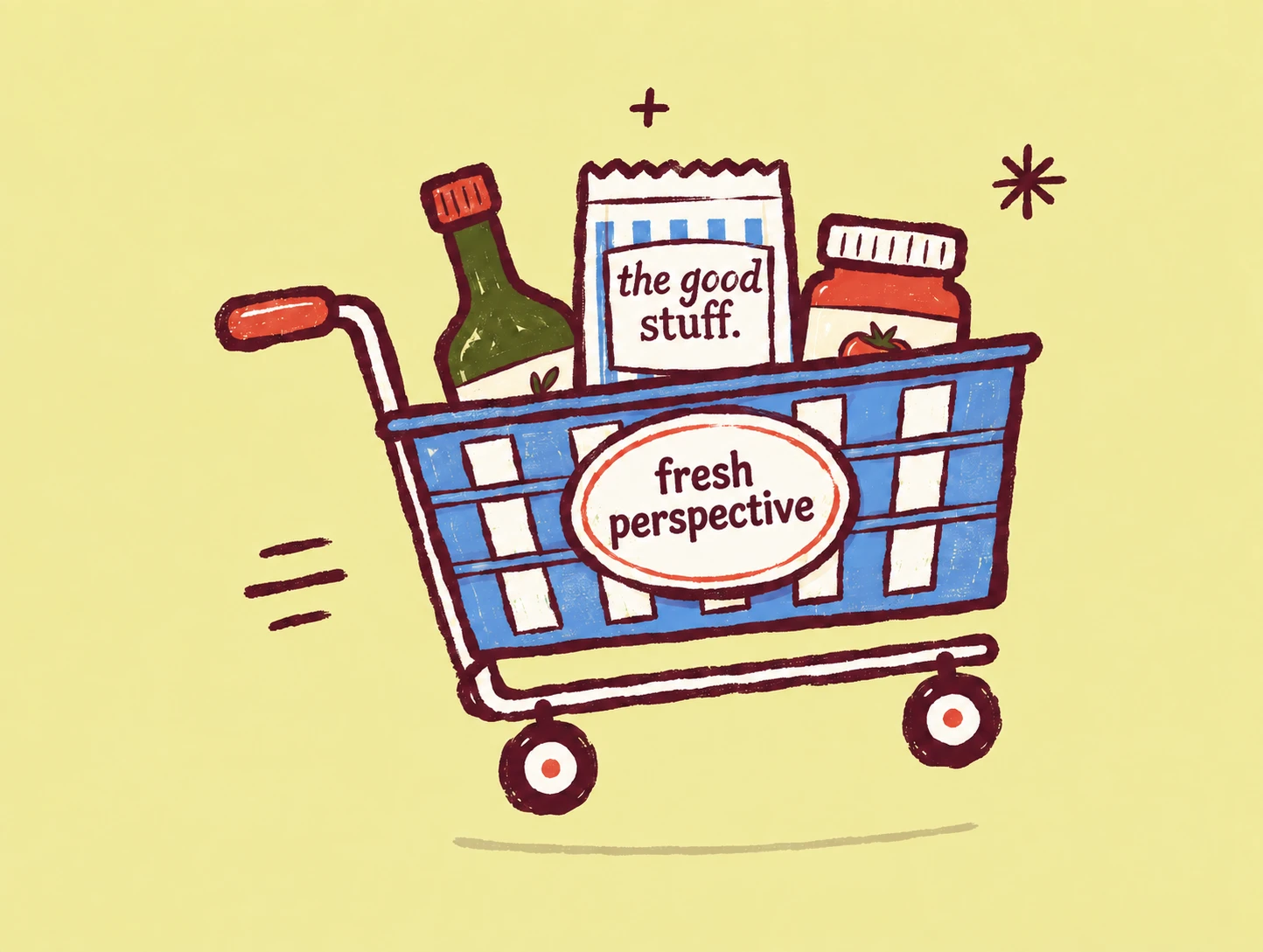 An illustrated blue shopping cart filled with an olive oil bottle, a striped bag labeled the good stuff, and a jar, with a Fresh Perspective label on the basket