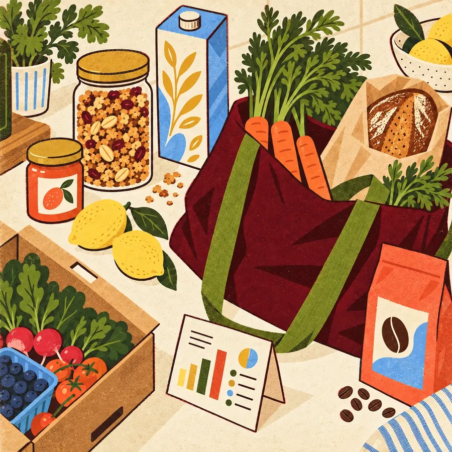 An illustrated spread of fresh groceries, including produce, bread, granola, coffee, and a data chart, on a kitchen counter